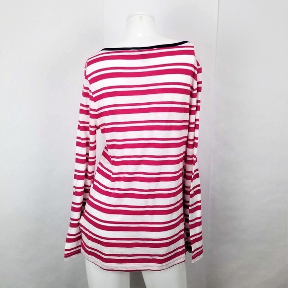 Banana Republic Pink & White Roll Tab Long Sleeve Striped Scoop Neck Relaxed Top - Picture 3 of 6